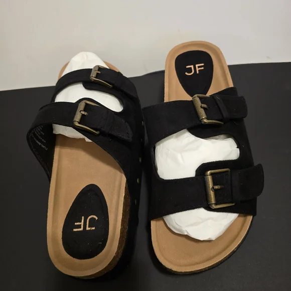 JUSTFAB Black Platform Sandals Slip On Flat Shoes Casual Summer Vacay Size 9 - Picture 3 of 14